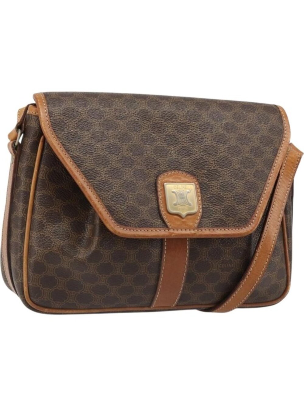 CELINE Macadam Canvas Shoulder Bag PVC Leather Brown Gold